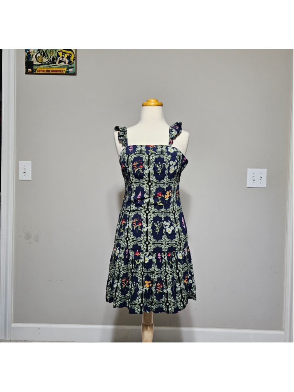 Aguabendita XS Navy Floral Scarf-Print Ruffle Strap Tiered Mini Dress